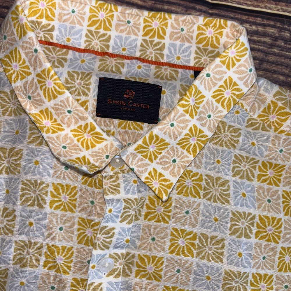 Simon Carter London S/S Shirt Mens 42 Slim Fit Floral Pattern Linen/cotton